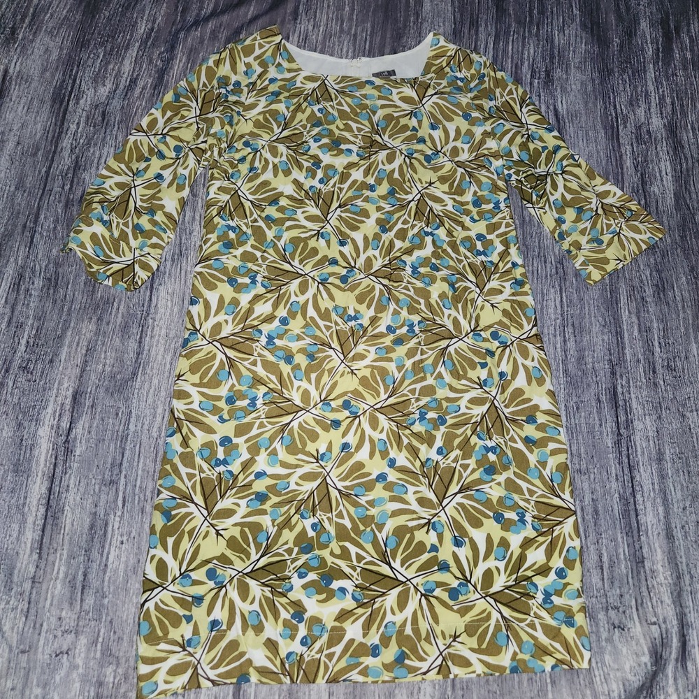 J Jill Women's Dress Olive‎ Green Blue Floral 3/4 Sleeve Lined Career